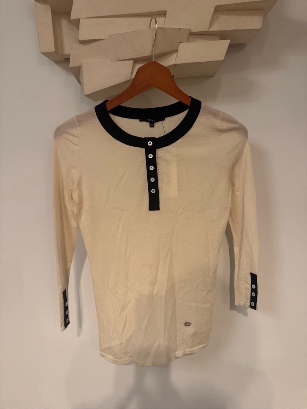 Gucci Cream Long Sleeve Henley Top with Black Trim